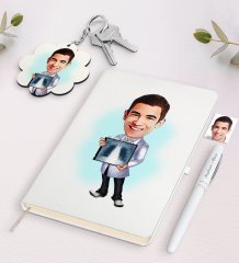 Kişiye Özel Erkek Radyoloji Uzmanı Karikatürlü Beyaz Defter Kalem ve Anahtarlık Hediye Seti