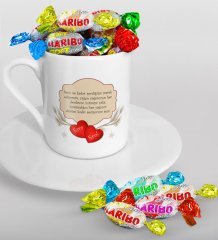 Kişiye Özel Sevgililer Günü Türk Kahvesi Fincanı ve Haribo Şeker Hediye Seti-119