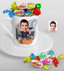 Kişiye Özel Bay Radyocu Karikatürlü Türk Kahvesi Fincanı ve Haribo Şeker Hediye Seti-1