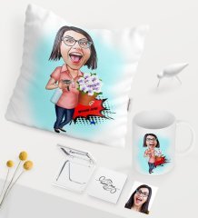 Kişiye Özel Ev Hanımı Anne Karikatürlü Beyaz Kupa Ayna Yastık Seti - 2