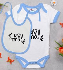 BK Kids Riv Riv Etma Tasarımlı Mavi Bebek Body Zıbın ve Mama Önlüğü Hediye Seti-1