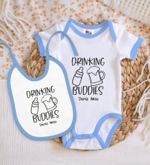 BK Kids Kişiye Özel Drinking Buddies Tasarımlı Mavi Bebek Body Zıbın ve Mama Önlüğü Hediye Seti-1