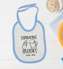 BK Kids Kişiye Özel Drinking Buddies Tasarımlı Mavi Bebek Body Zıbın ve Mama Önlüğü Hediye Seti-1
