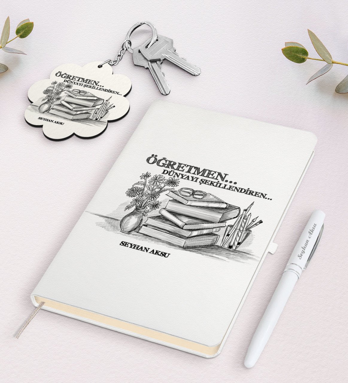 Kişiye Özel Öğretmen Beyaz Defter Kalem ve Anahtarlık Hediye Seti-1