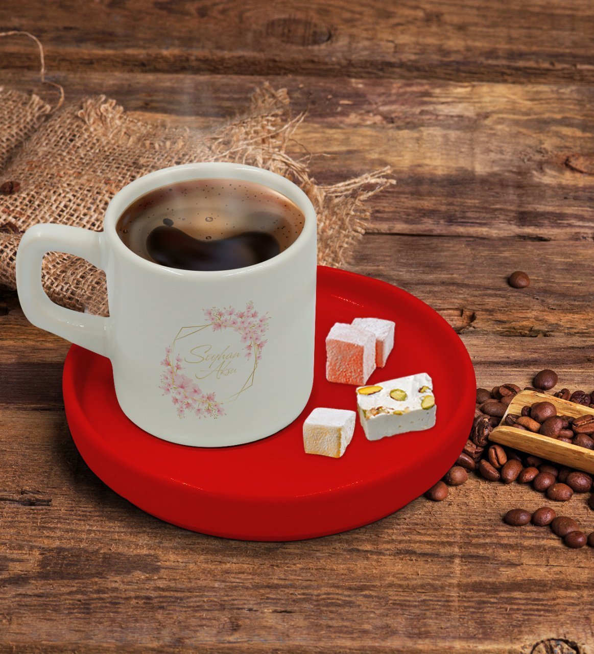 Kişiye Özel Kırmızı Sunum Tabaklı Çiçek Tasarımlı Türk Kahvesi Fincanı Model 6