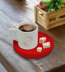 Kişiye Özel Kırmızı Sunum Tabaklı Çiçek Tasarımlı Türk Kahvesi Fincanı Model 6