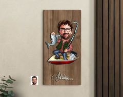 BK Gift Kişiye Özel Balıkçı Karikatürlü Kabartma Figürlü Ahşap Tablo-7, Arkadaşa Hediye, Sevgiliye Hediye, Duvar Dekoru