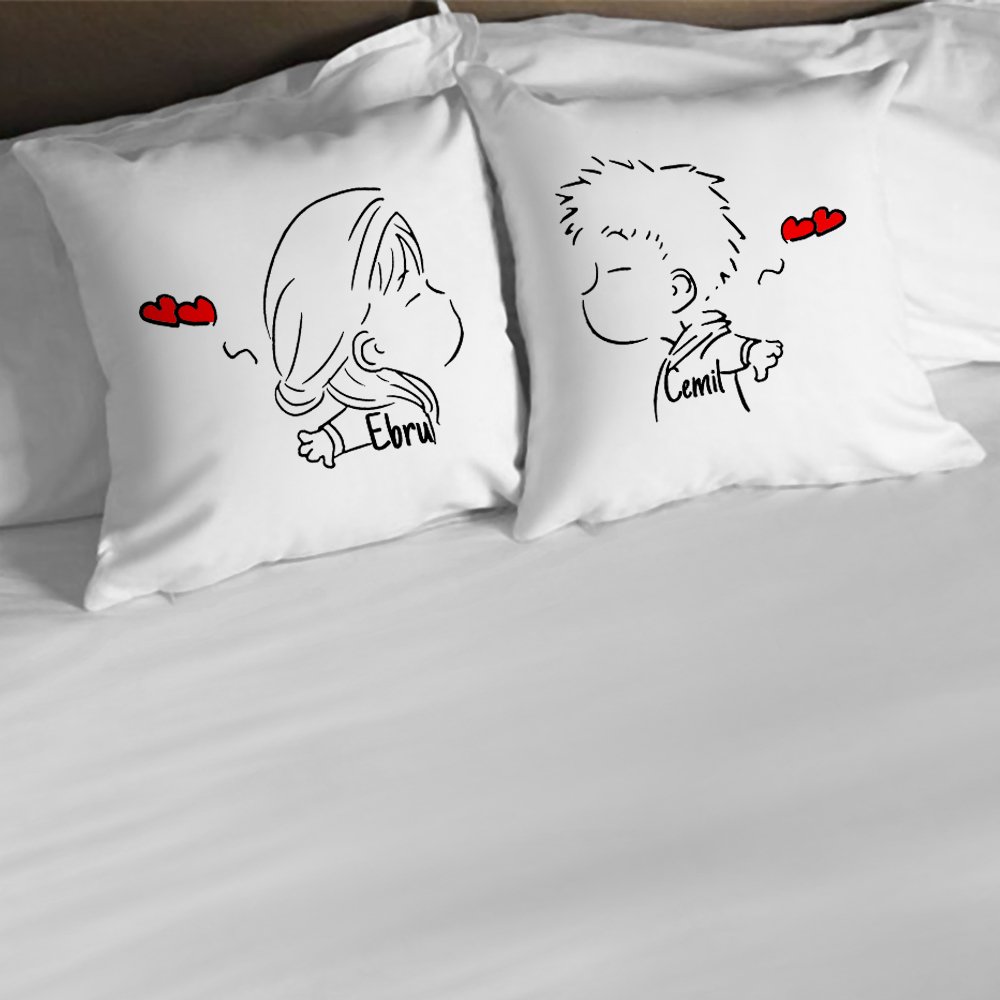 Kişiye Özel İkili İsimli Masum Çift Beyaz Yastık Kılıfı