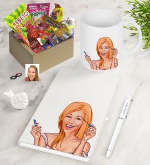 Kişiye Özel Bayan Karikatürlü Nostaljik Lezzetler Defter Kalem Kupa Hediye Seti-21