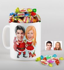 Kişiye Özel Yeni Yıl Sevgililer Karikatürlü Beyaz Kupa ve Haribo Şeker Hediye Seti-3