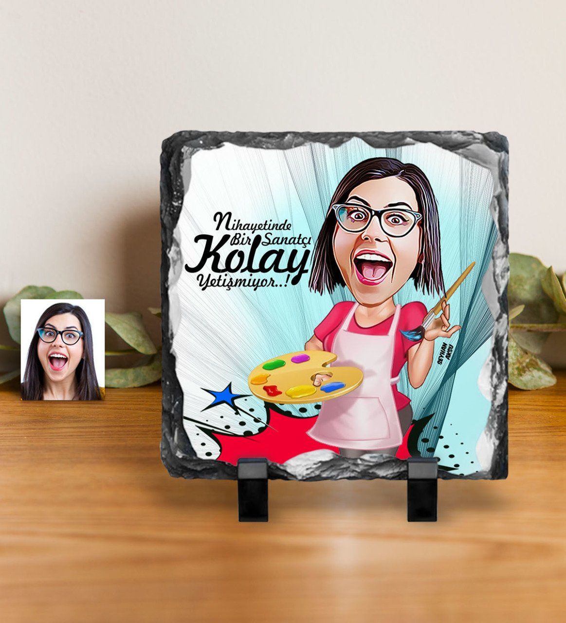 Kişiye Özel Bayan Ressam Karikatürlü Dekoratif Doğal Taş - 1