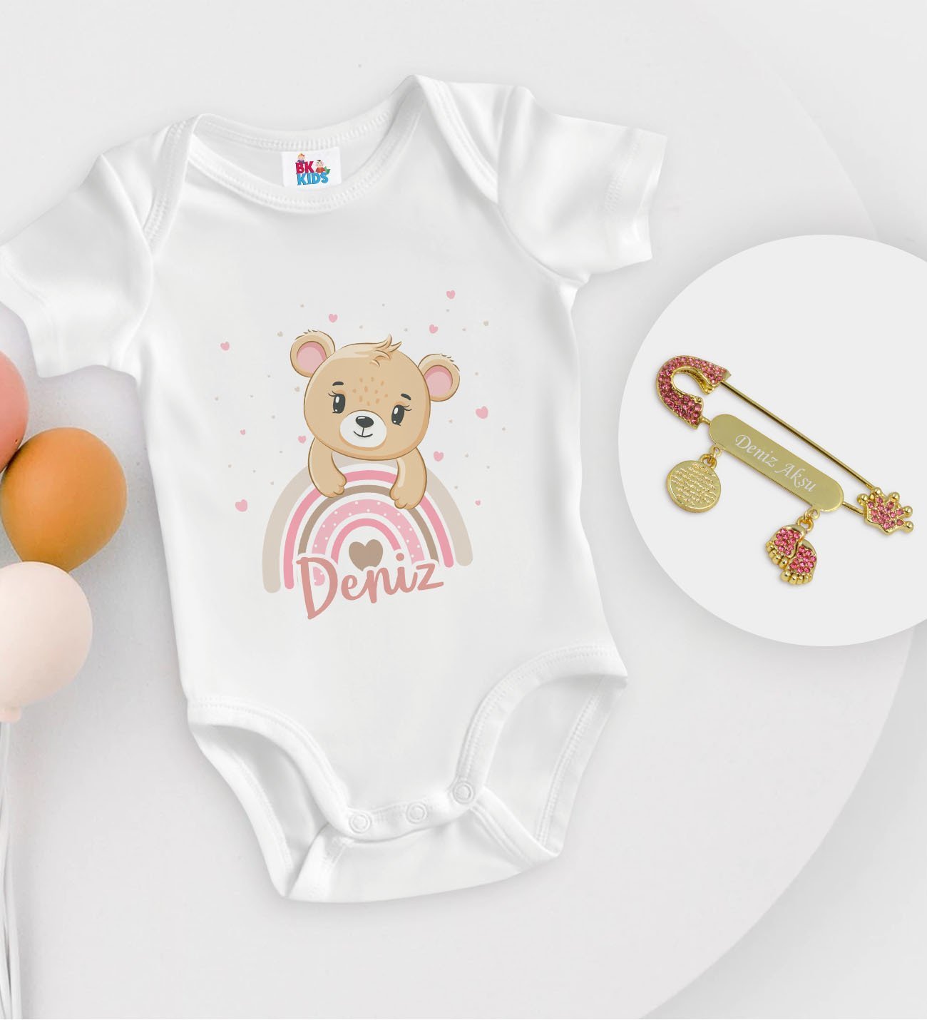 BK Kids Kişiye Özel İsimli Beyaz Bebek Body Zıbın ve Kız Bebek İğnesi Hediye Seti-6