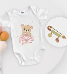 BK Kids Kişiye Özel İsimli Beyaz Bebek Body Zıbın ve Kız Bebek İğnesi Hediye Seti-6