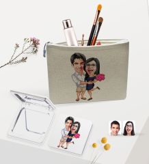BK Gift Kişiye Özel Sevgililer Karikatürlü Keten Makyaj Çantası ve Ayna Seti, Sevgiliye Hediye, Sevgililer Günü Hediyesi, Doğum Günü Hediyesi-3