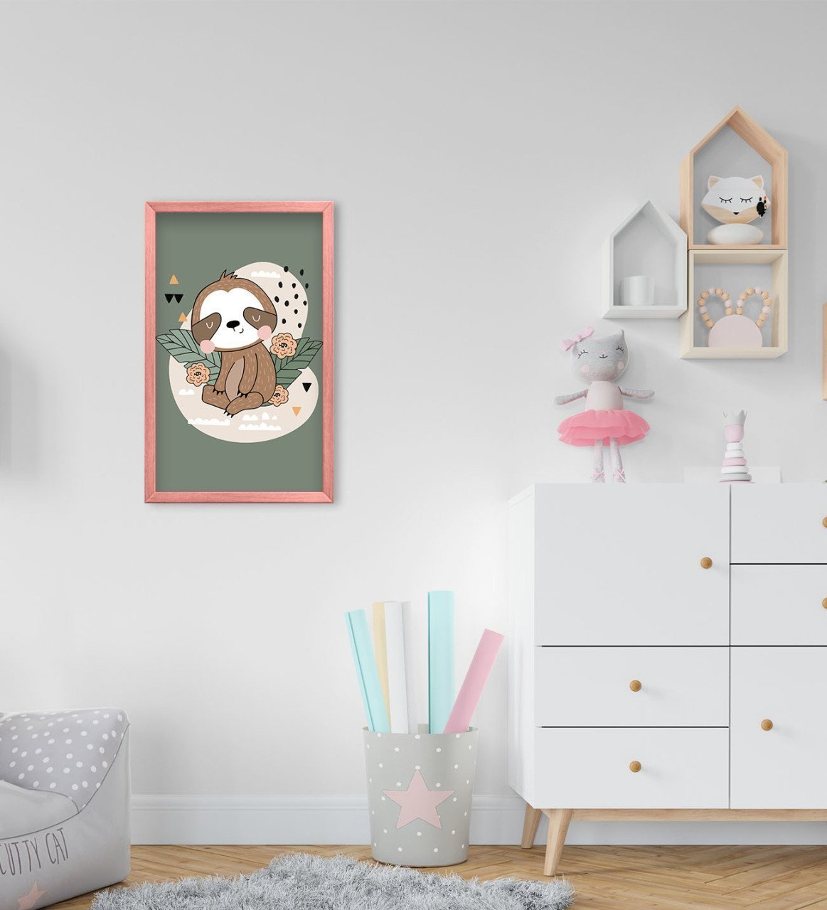 BK Home Tembel Hayvan Tasarımlı Dekoratif Pembe Ahşap Çerçeveli Çocuk Odası Tablo-1