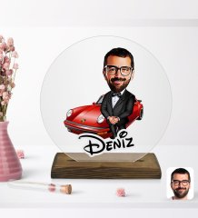 Kişiye Özel Erkek Patron Karikatürlü Yuvarlak Ahşap Standlı Biblo-1