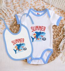 BK Kids Summer Time Tasarımlı Mavi Bebek Body Zıbın ve Mama Önlüğü Hediye Seti-1