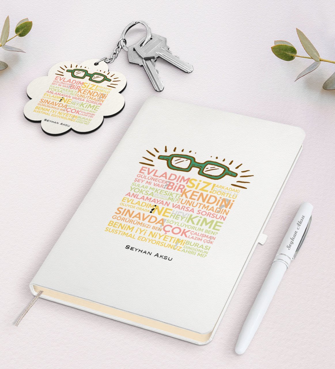 Kişiye Özel Öğretmen Sözleri Beyaz Defter Kalem ve Anahtarlık Hediye Seti-2