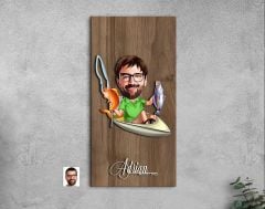 BK Gift Kişiye Özel Balıkçı Karikatürlü Kabartma Figürlü Ahşap Tablo-6, Arkadaşa Hediye, Sevgiliye Hediye, Duvar Dekoru