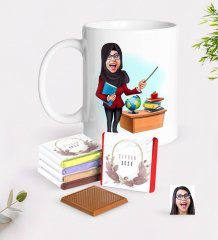 Kişiye Özel Bayan Öğretmen Karikatürlü Beyaz Kupa ve Çikolata Hediye Seti-7