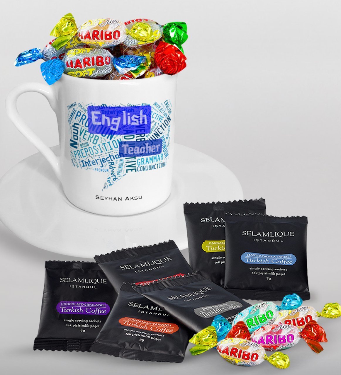 Kişiye Özel İngilizce Öğretmeni Türk Kahvesi Fincanı Selamlique Karışık Türk Kahvesi ve Haribo Şeker Hediye Seti-4