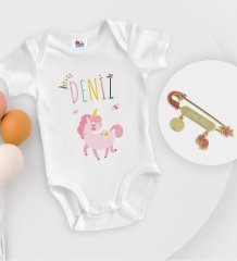 BK Kids Kişiye Özel İsimli Beyaz Bebek Body Zıbın ve Kız Bebek İğnesi Hediye Seti-4