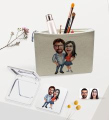 BK Gift Kişiye Özel Sevgililer Karikatürlü Keten Makyaj Çantası ve Ayna Seti, Sevgiliye Hediye, Sevgililer Günü Hediyesi, Doğum Günü Hediyesi-2
