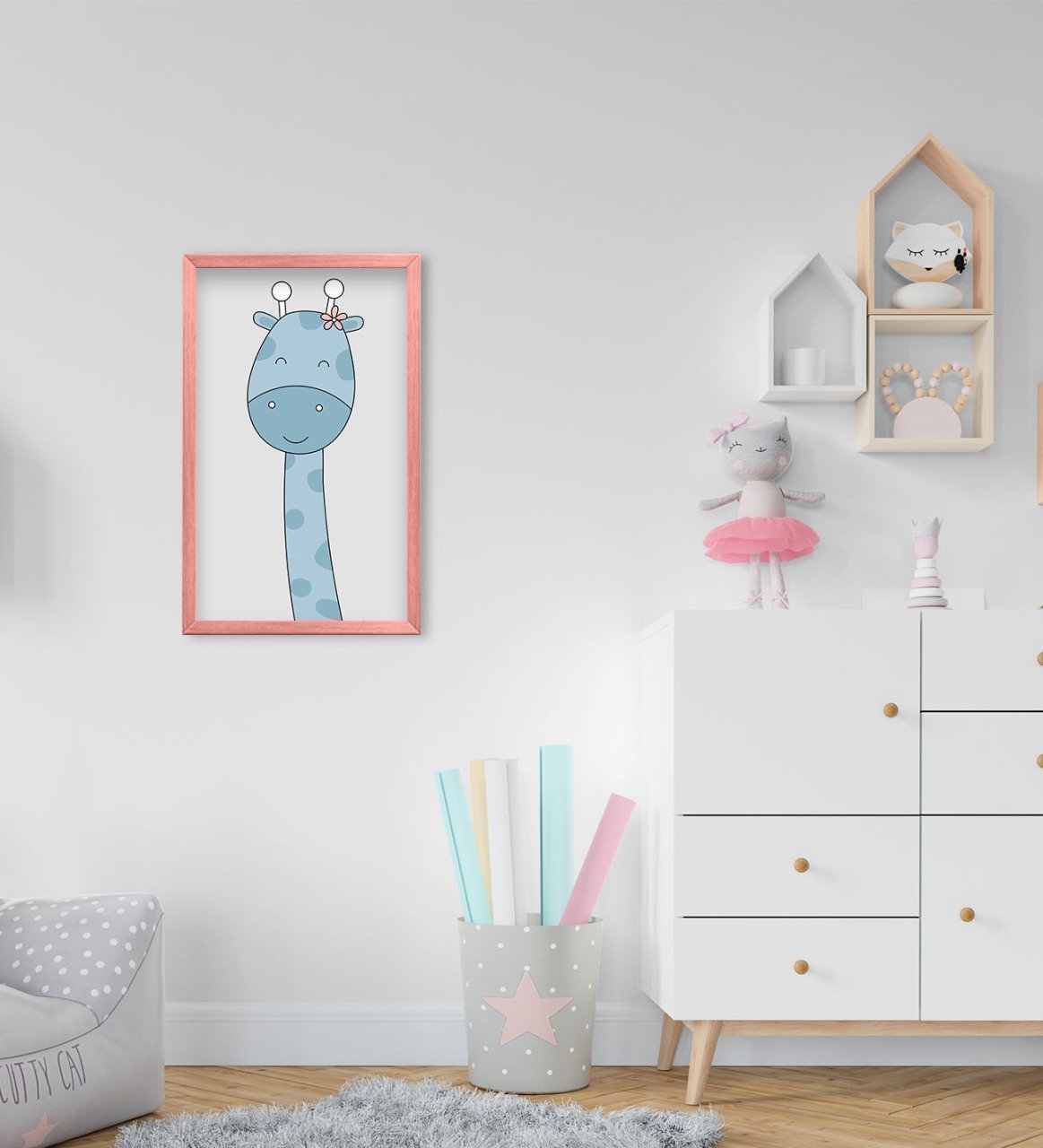 BK Home Tatlı Zürafa Tasarımlı Dekoratif Pembe Ahşap Çerçeveli Çocuk Odası Tablo-1
