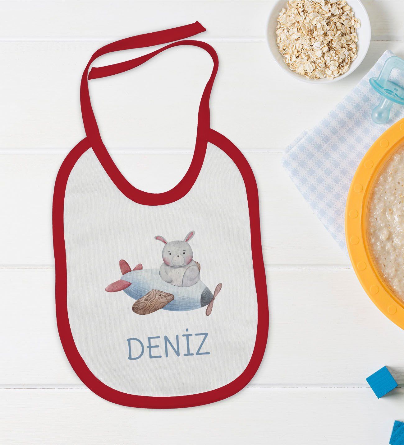 BK Kids Kişiye Özel İsimli Kırmızı Bebek Mama Önlüğü-18