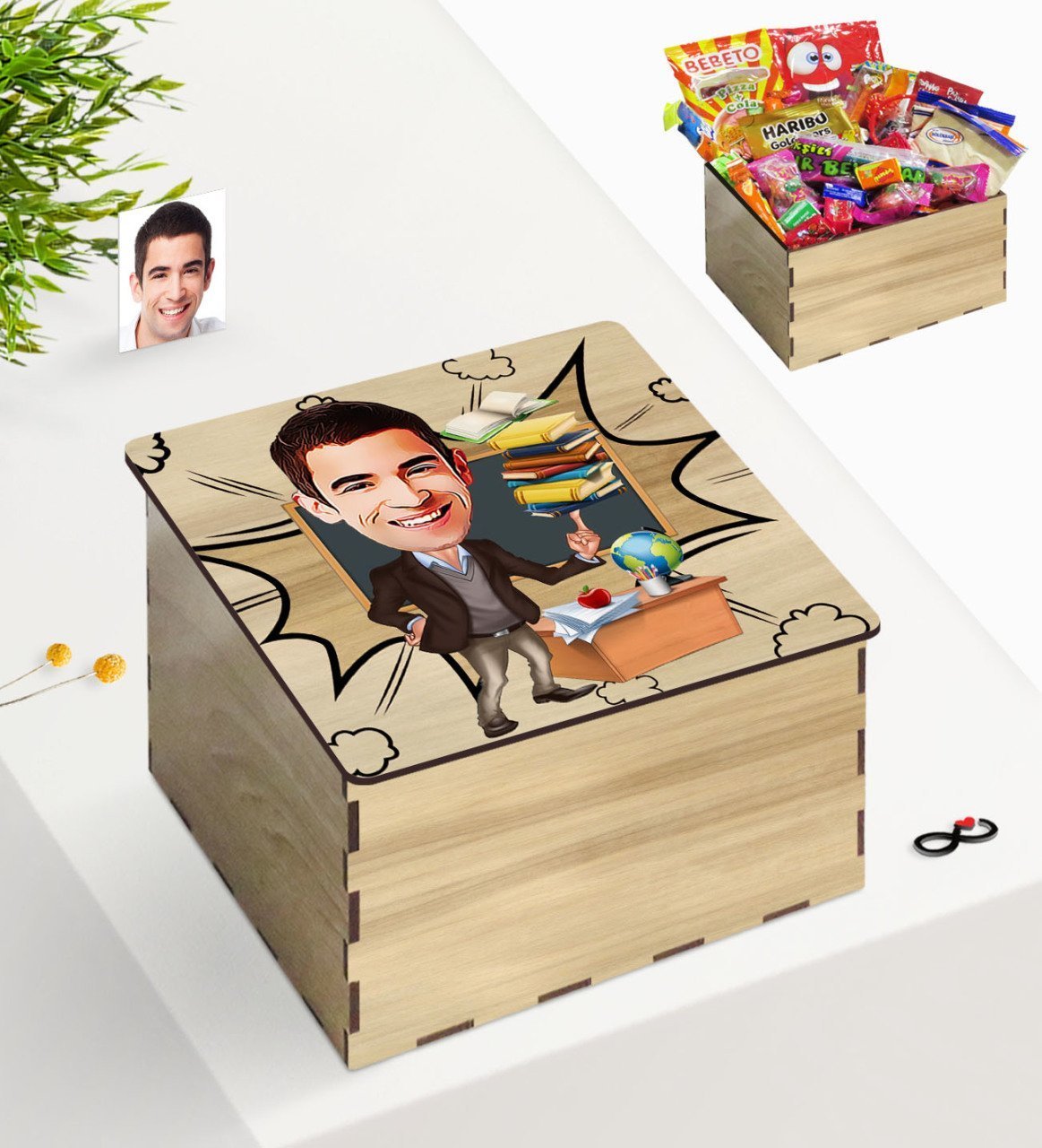 Kişiye Özel Ahşap Kutuda Bay Öğretmen Karikatürlü Nostaljik Lezzetler Hediye Seti-2