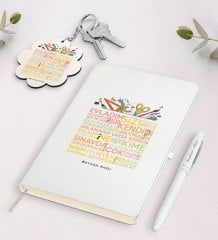 Kişiye Özel Öğretmen Sözleri Beyaz Defter Kalem ve Anahtarlık Hediye Seti-1