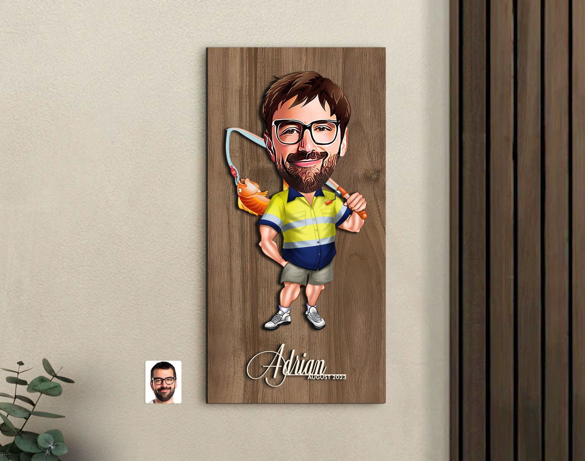BK Gift Kişiye Özel Balıkçı Karikatürlü Kabartma Figürlü Ahşap Tablo-5, Arkadaşa Hediye, Sevgiliye Hediye, Duvar Dekoru