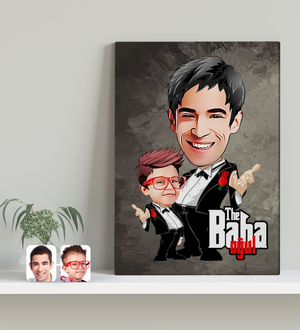 Kişiye Özel Godfather Baba Oğul Karikatürlü Kanvas Tablo 30x50cm-1