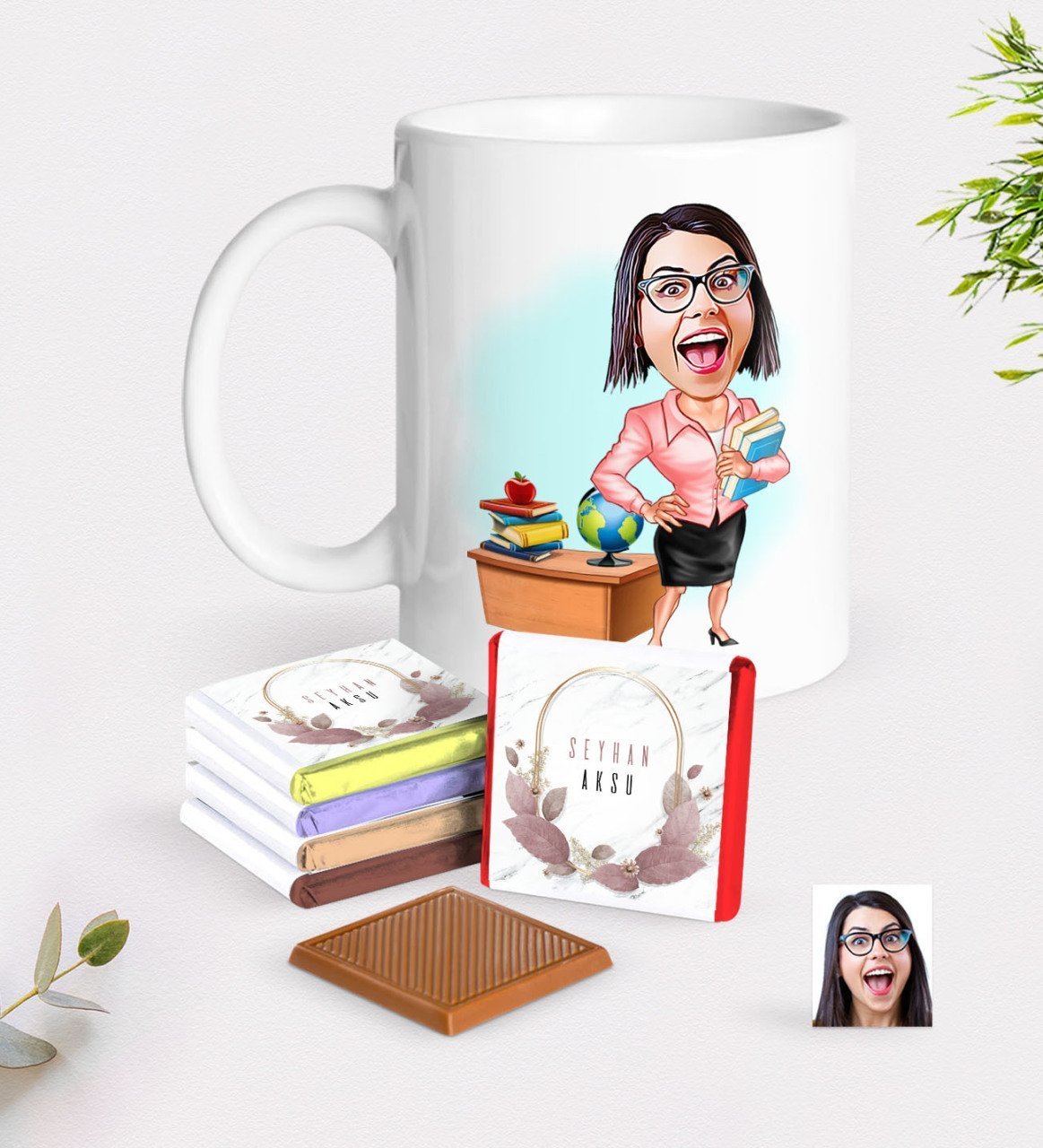 Kişiye Özel Bayan Öğretmen Karikatürlü Beyaz Kupa ve Çikolata Hediye Seti-5