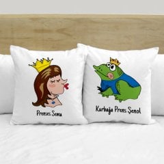Kişiye Özel İkili İsimli Prenses & Kurbağa Prens Beyaz Yastık Kılıfı