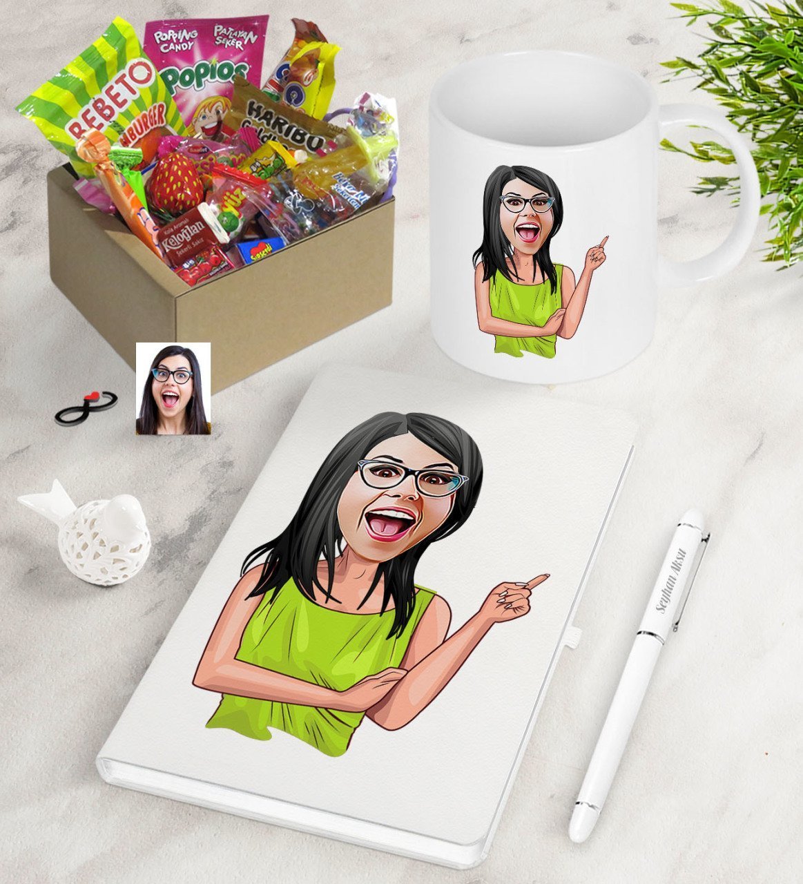 Kişiye Özel Bayan Karikatürlü Nostaljik Lezzetler Defter Kalem Kupa Hediye Seti-19