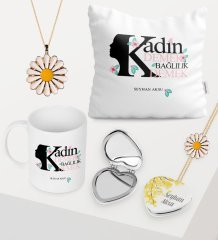 Kadınlar Gününe Özel Kupa Çiçekli Ayna Yastık Papatya Kolye Bileklik Seti - 6