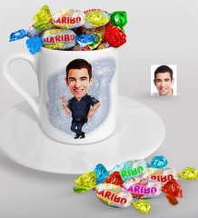 Kişiye Özel Bay Polis Karikatürlü Türk Kahvesi Fincanı ve Haribo Şeker Hediye Seti-2