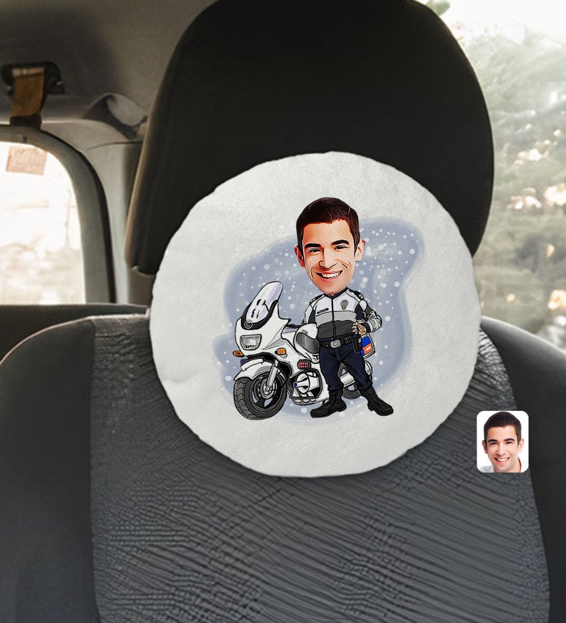 Kişiye Özel Erkek Yunus Polis Karikatürlü Yuvarlak Araç Koltuk Yastığı-1