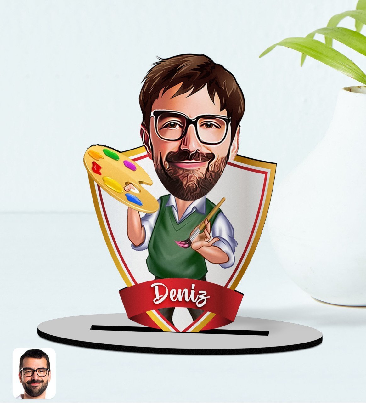 Kişiye Özel İsimli Erkek Ressam Karikatürlü Ahşap Biblo Model-1