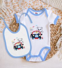 BK Kids Sevimli Sürücü Tasarımlı Mavi Bebek Body Zıbın ve Mama Önlüğü Hediye Seti-1