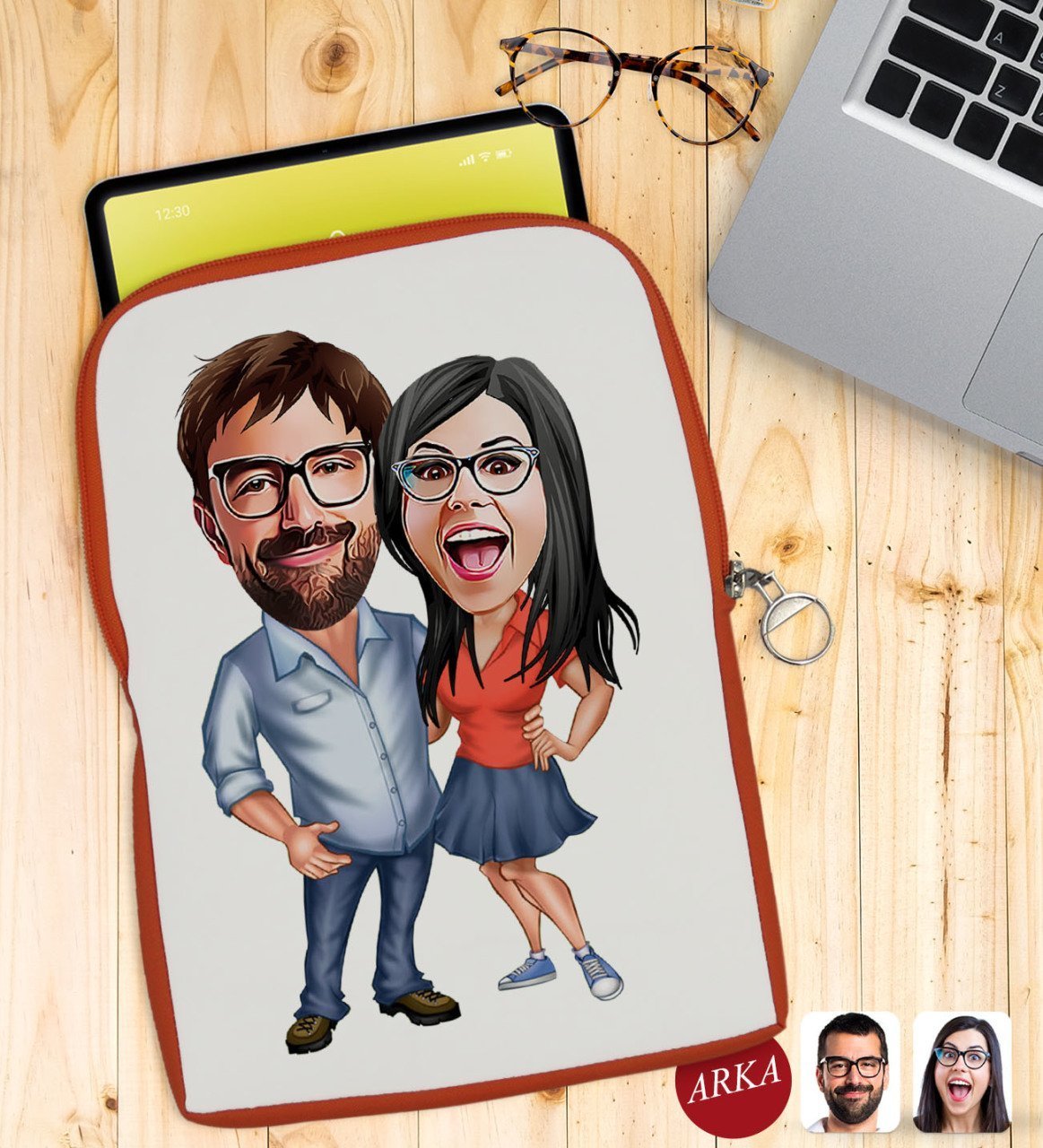 Kişiye Özel Sevgililer Karikatürlü Taşınabilir Koruyucu Tablet Kılıfı & Organizer Çanta - Turuncu-105