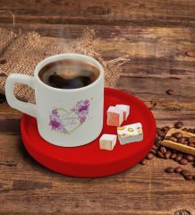 Kişiye Özel Kırmızı Sunum Tabaklı Çiçek Tasarımlı Türk Kahvesi Fincanı Model 3