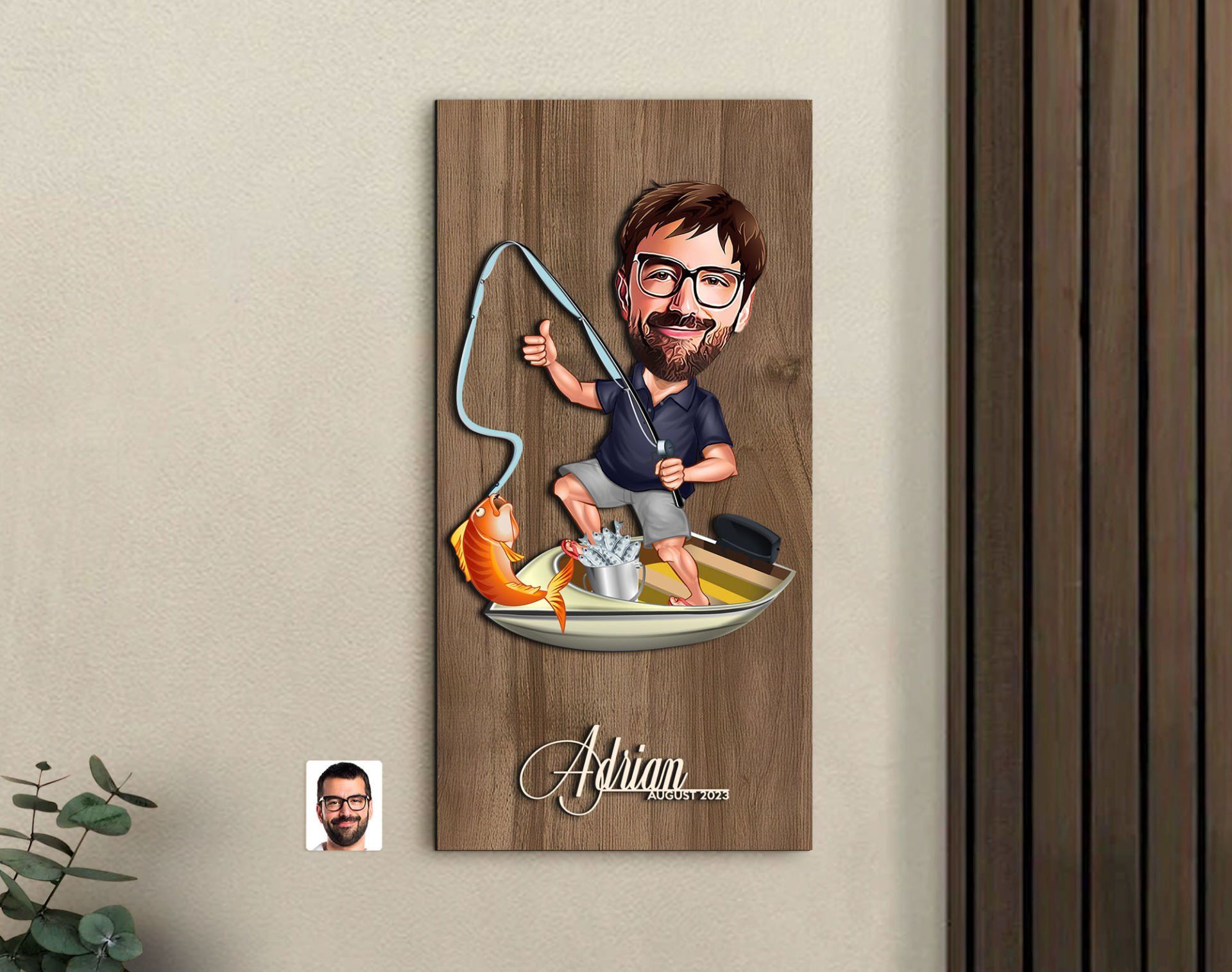 BK Gift Kişiye Özel Balıkçı Karikatürlü Kabartma Figürlü Ahşap Tablo-4, Arkadaşa Hediye, Sevgiliye Hediye, Duvar Dekoru