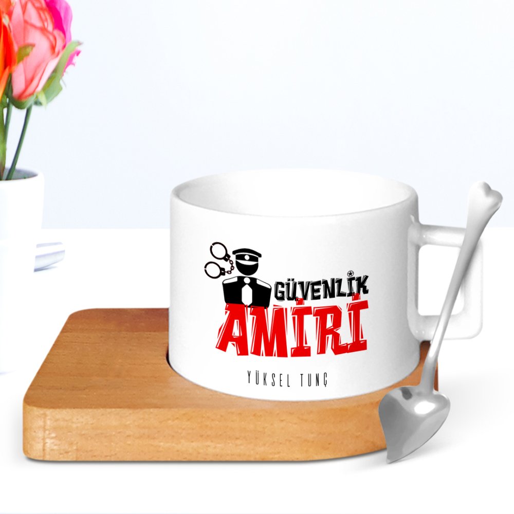 Kişiye Özel Mesleki Güvenlik Amiri Ahşap Altlıklı Seramik Fincan