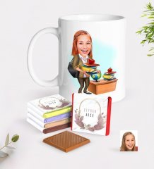 Kişiye Özel Bayan Öğretmen Karikatürlü Beyaz Kupa ve Çikolata Hediye Seti-4