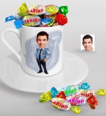 Kişiye Özel Bay Polis Karikatürlü Türk Kahvesi Fincanı ve Haribo Şeker Hediye Seti-1