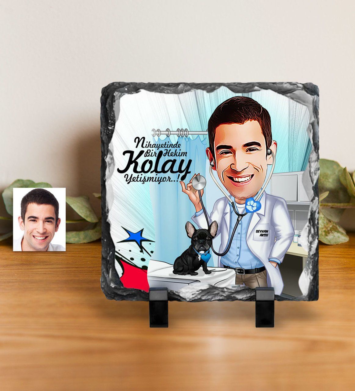 Kişiye Özel Bay Veteriner Hekim Karikatürlü Dekoratif Doğal Taş - 1
