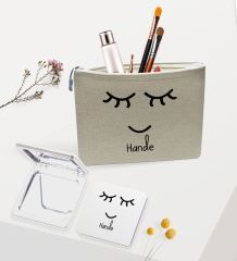 BK Gift Kişiye Özel Keten Makyaj Çantası ve Ayna Seti, Sevgiliye Hediye, Sevgililer Günü Hediyesi, Doğum Günü Hediyesi-12