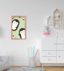 BK Home Tatlı Penguenler Tasarımlı Dekoratif Pembe Ahşap Çerçeveli Çocuk Odası Tablo-1